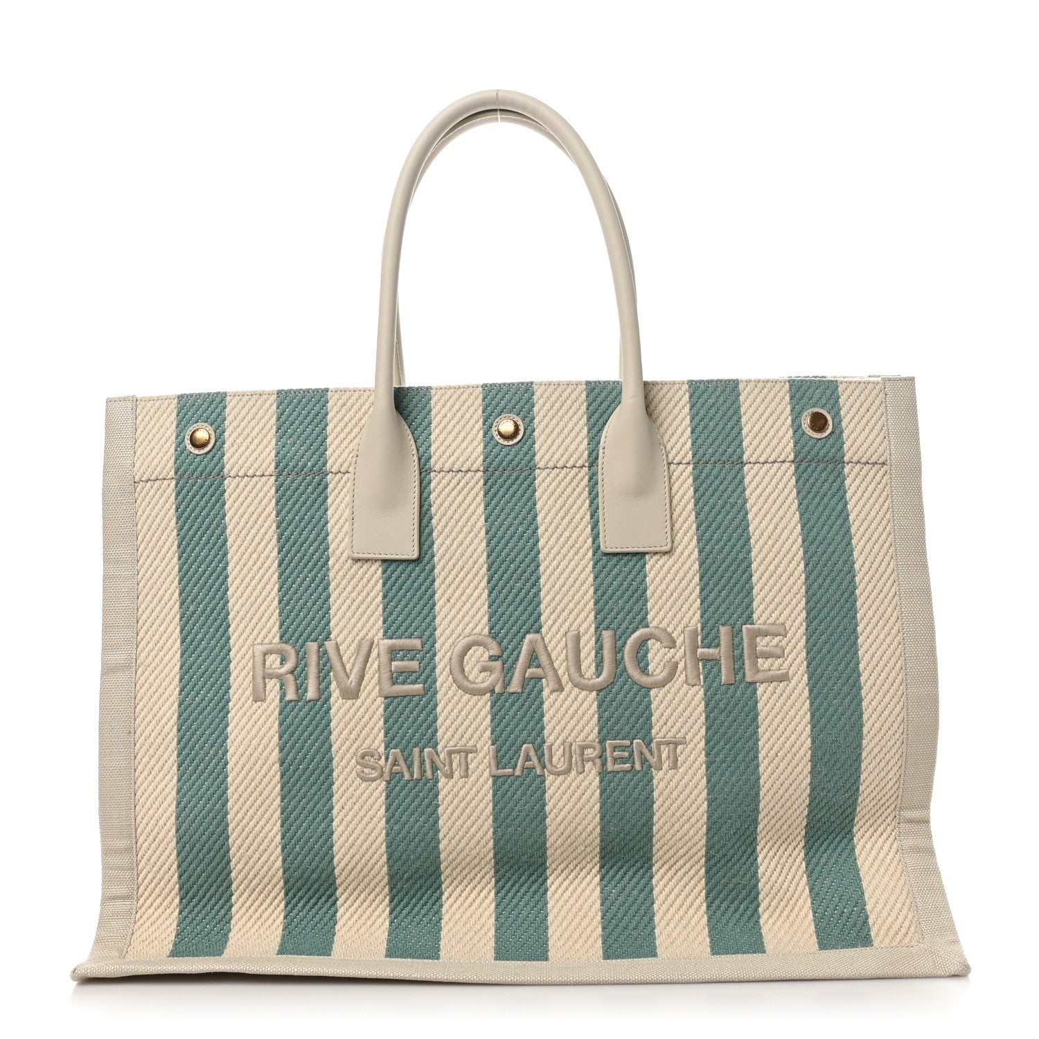 Saint Laurent Cotton Linen Calfskin Striped Rive Gauche Tote Water Green 1 of 9