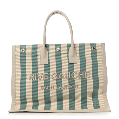 Saint Laurent Cotton Linen Calfskin Striped Rive Gauche Tote Water Green 1 of 9