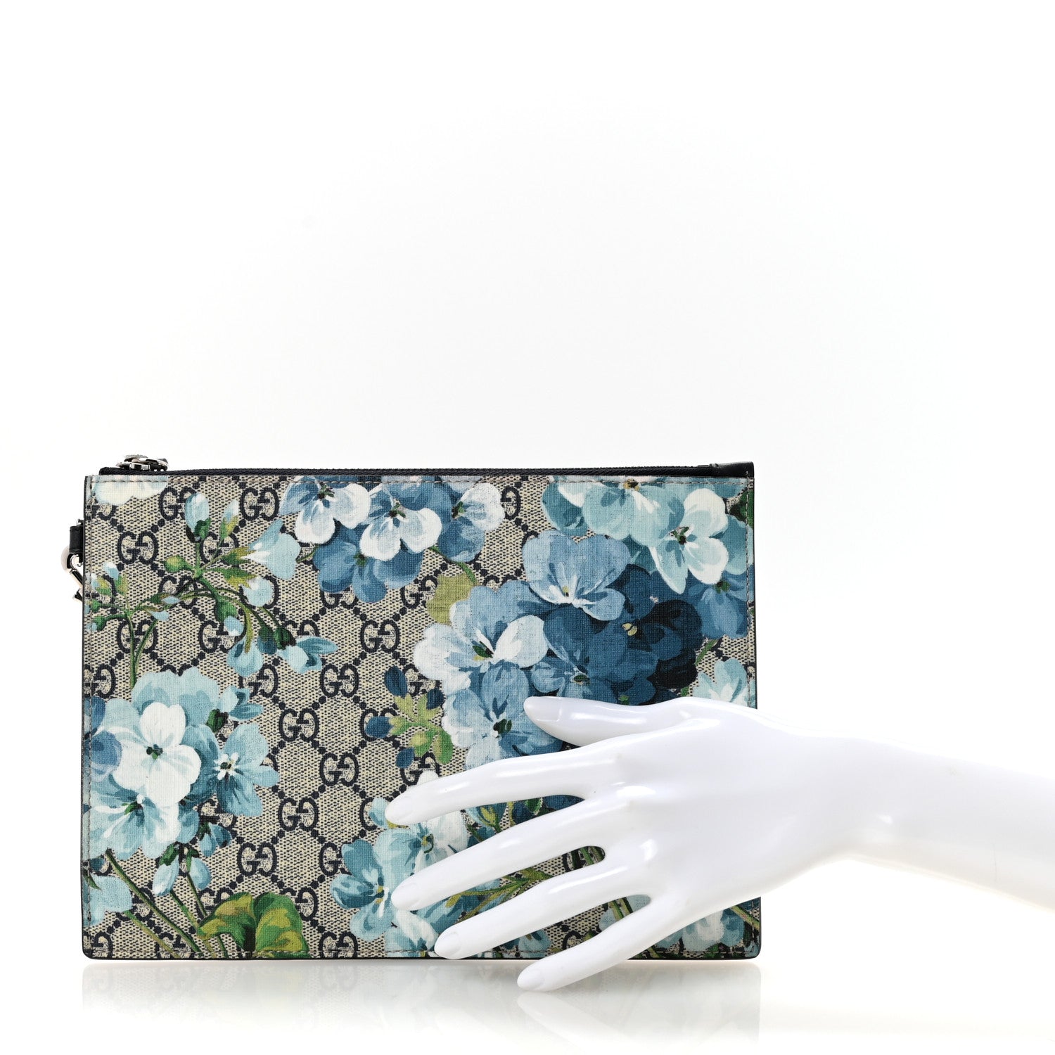 Gucci GG Supreme Monogram Blooms Small Zip Wristlet Pouch Beige Blue Black 2 of 7