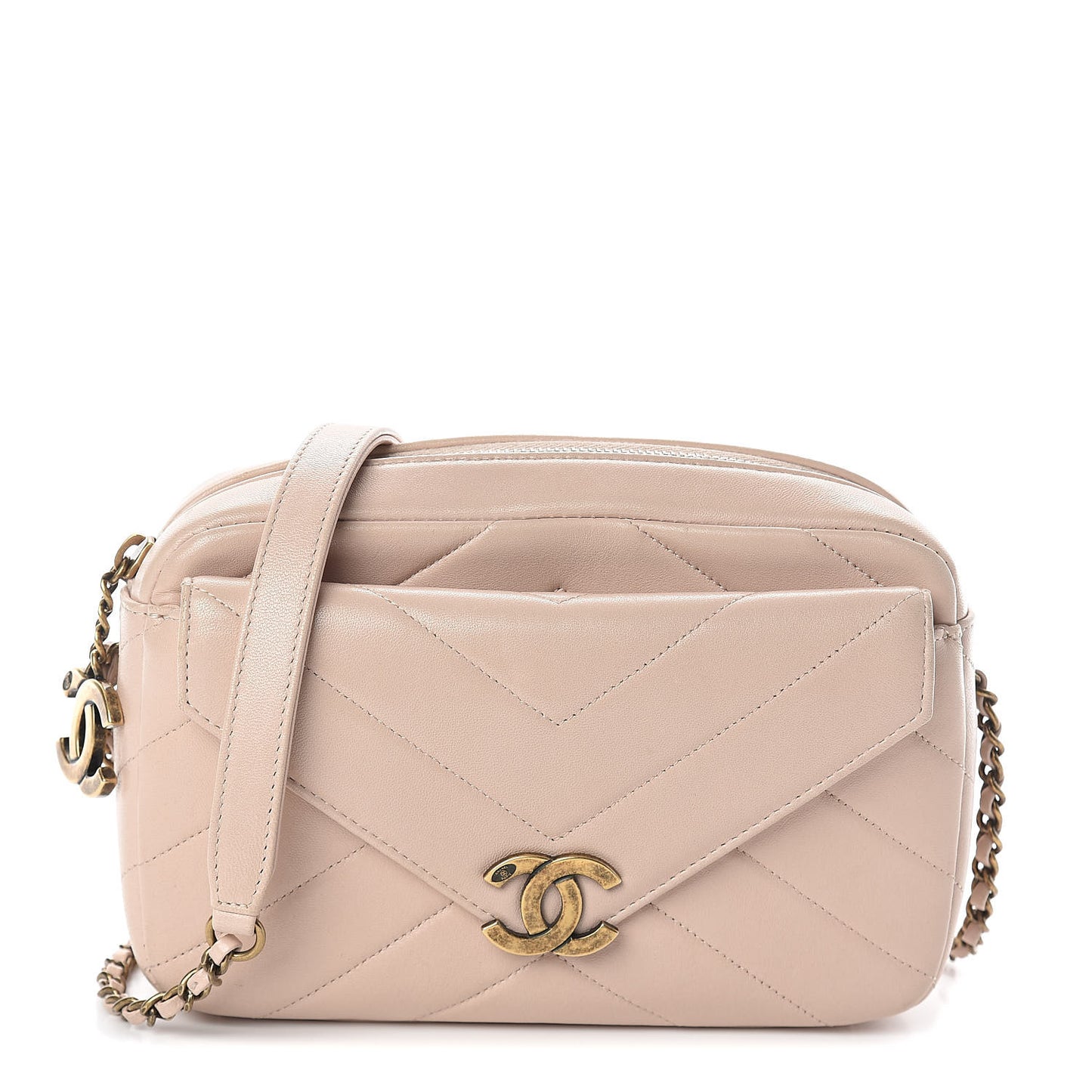 Shiny Lambskin Chevron Stitched Small Coco Camera Case Beige