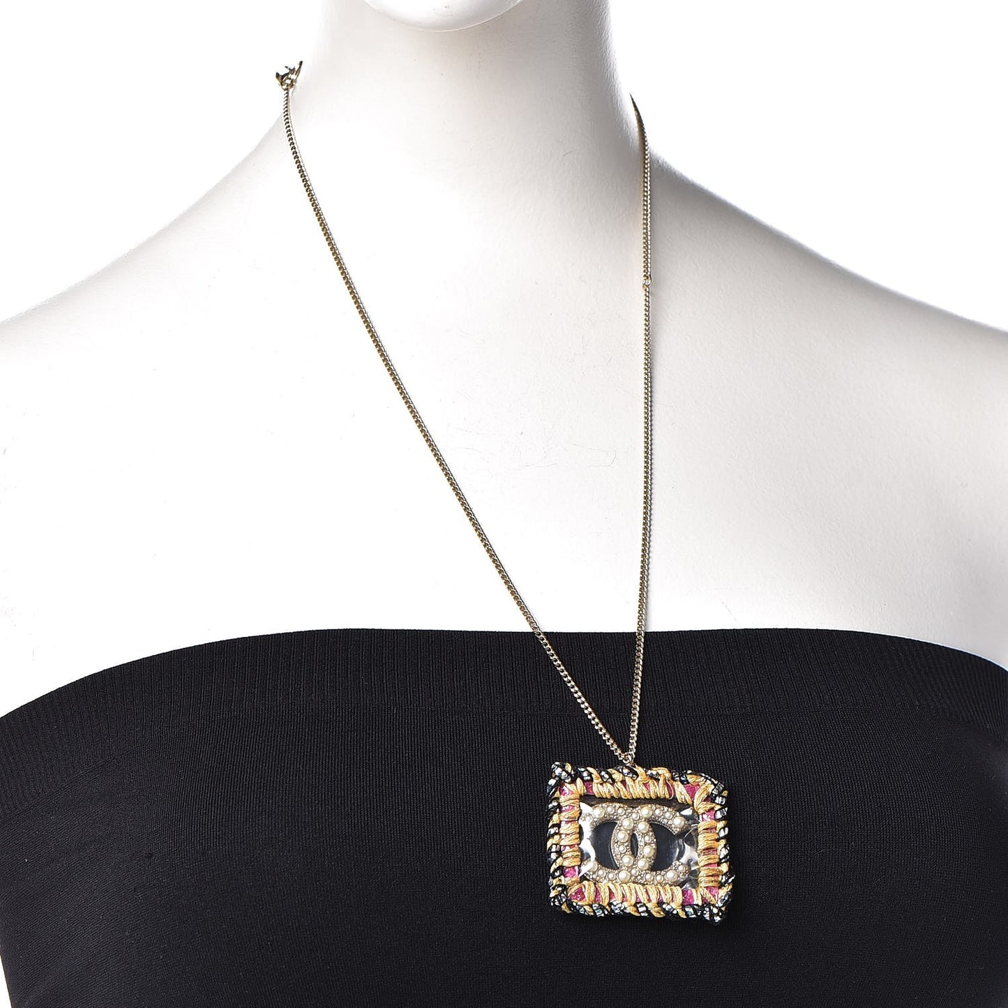 Tweed Pearl CC Medallion Necklace Multicolor
