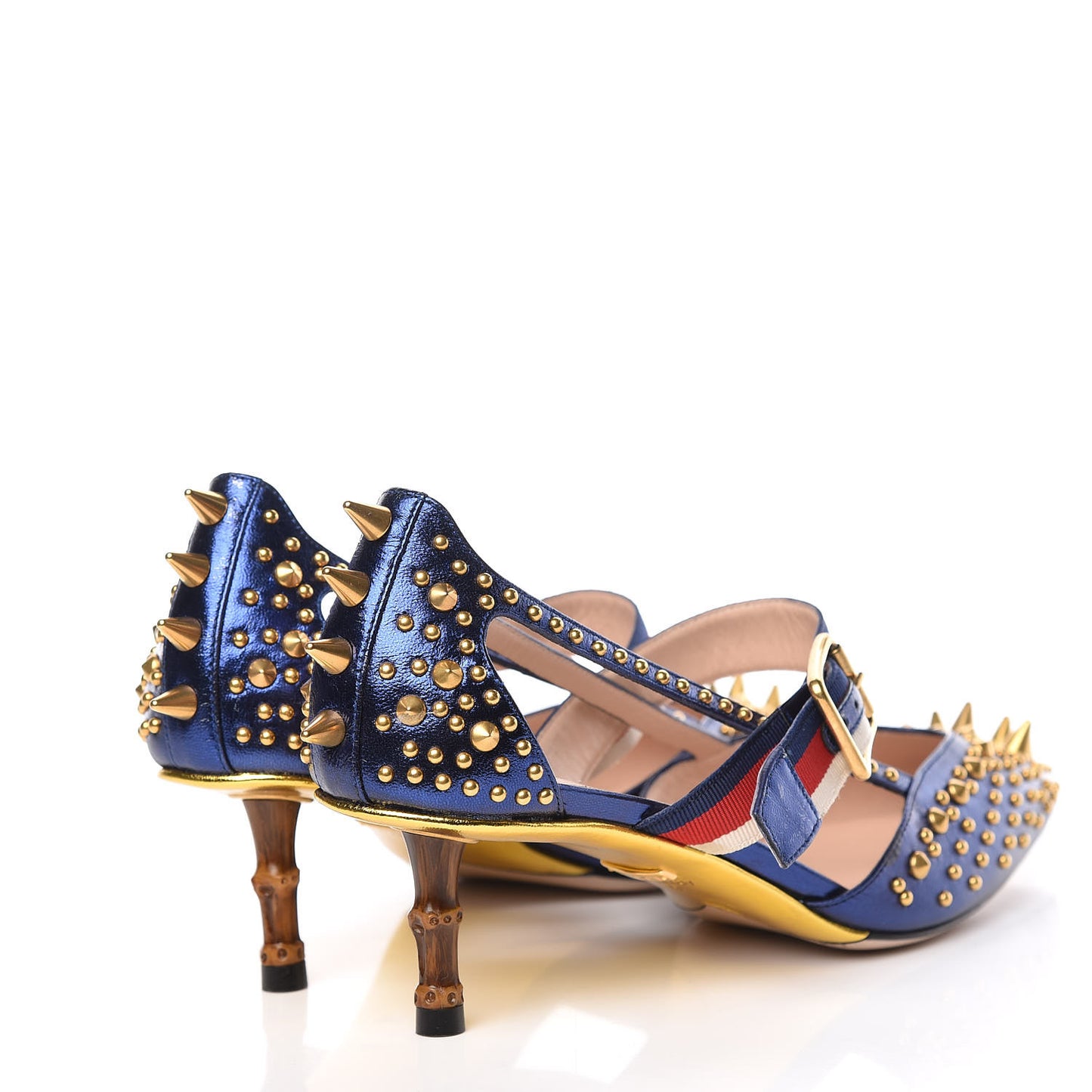 Metallic Nappa Silk Grosgrain Studded Sylvie Web Bamboo Low Heel Pumps 37 Sapphire