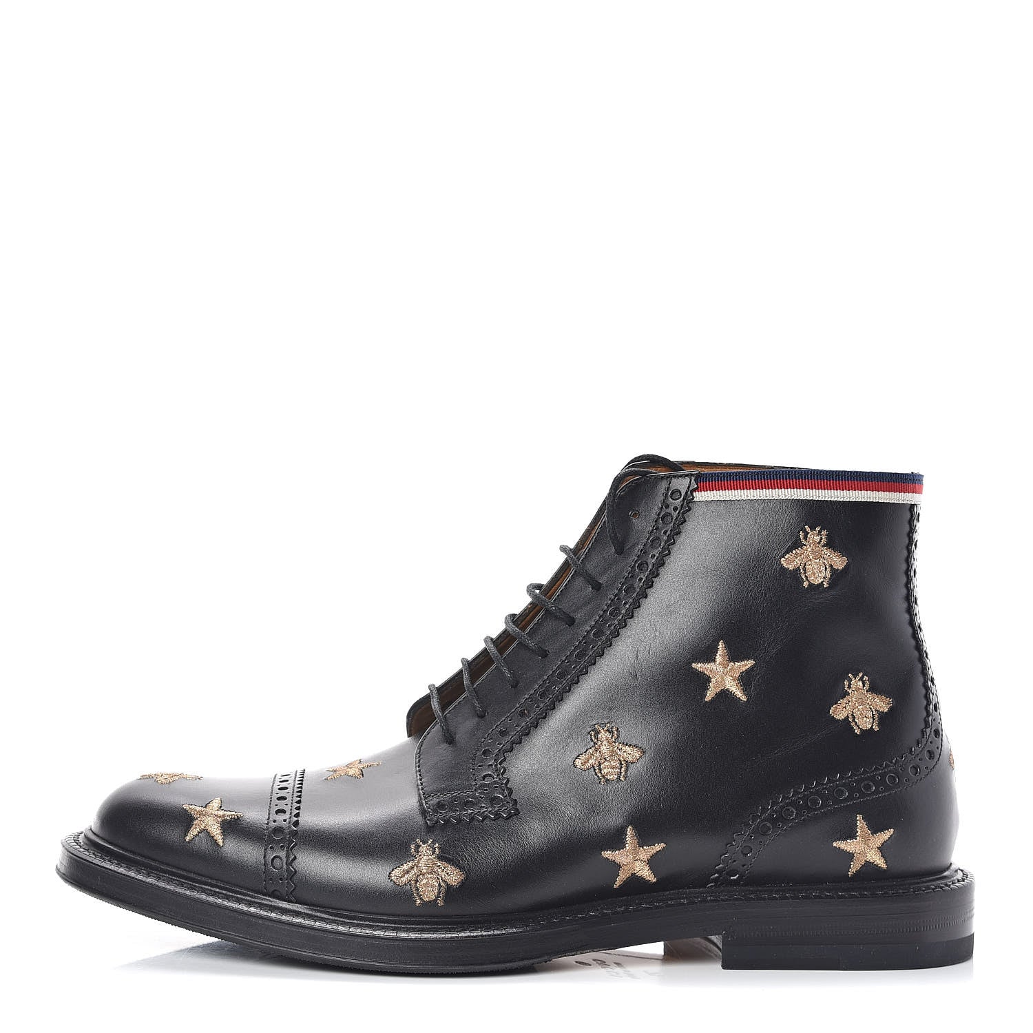 Gucci Calfskin Sylvie Web Bee Star Embroidered Mens Brogue Captoe Boots 7.5 Black 1 of 10