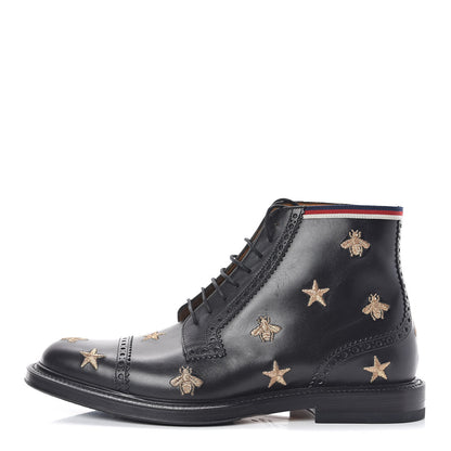 Gucci Calfskin Sylvie Web Bee Star Embroidered Mens Brogue Captoe Boots 7.5 Black 1 of 10