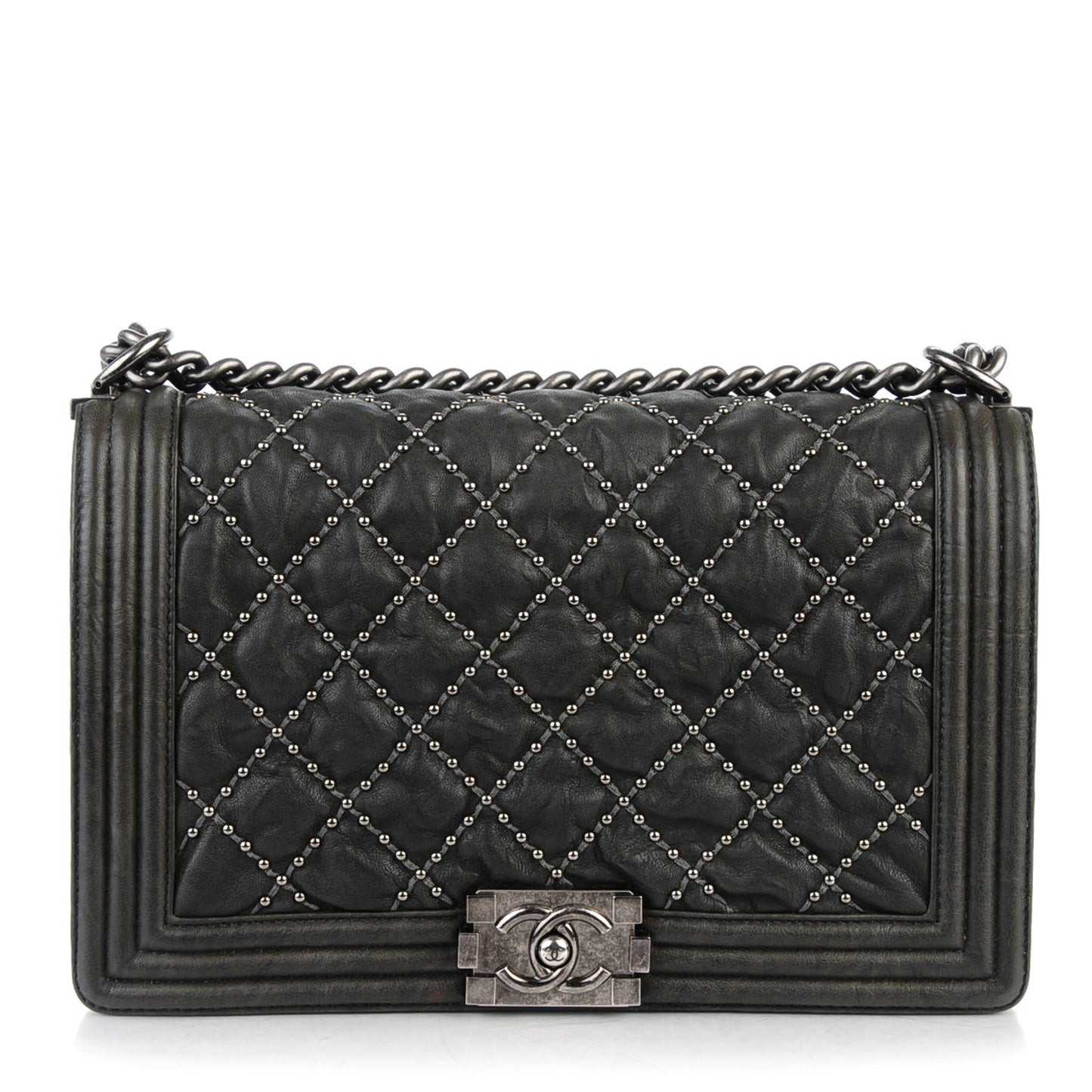 Crumpled Lambskin Large Studded Boy Flap Dark Gray
