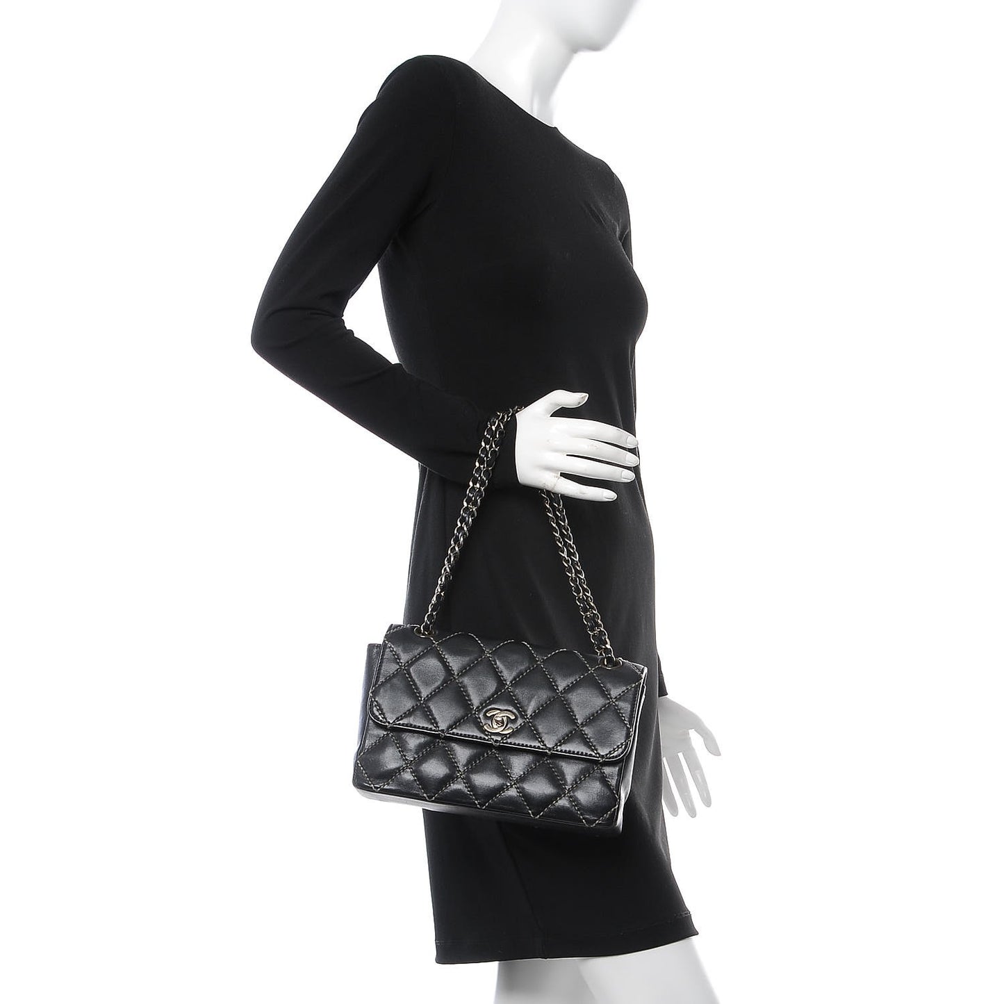 Calfskin Quilted Contrast Stitch Medium Flap Black