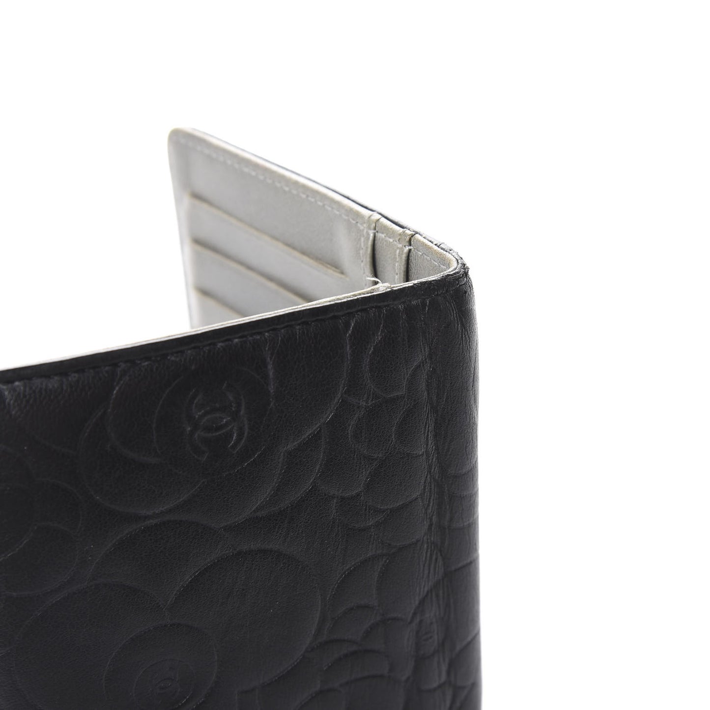 Lambskin Camellia Embossed Yen Wallet Black