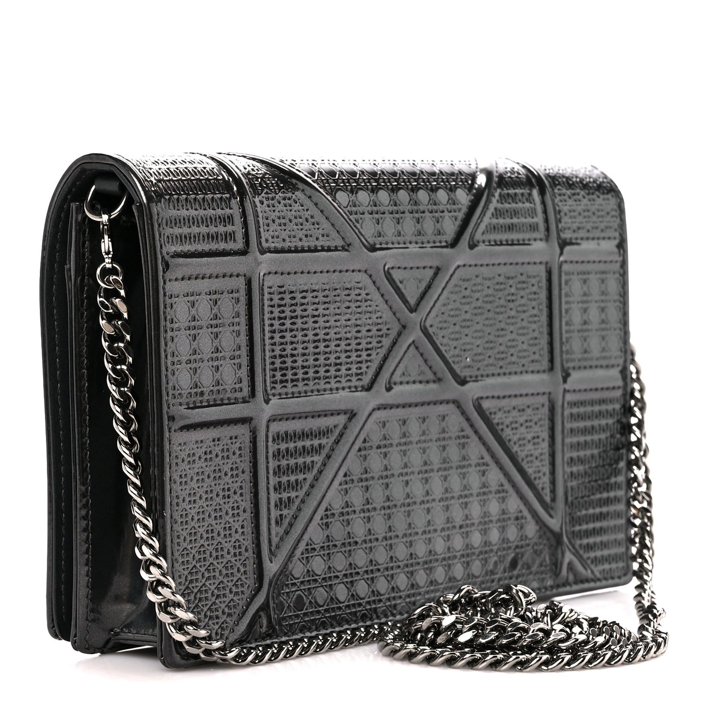 Metallic Patent Micro-Cannage Diorama Wallet on Chain Pouch Onyx Black