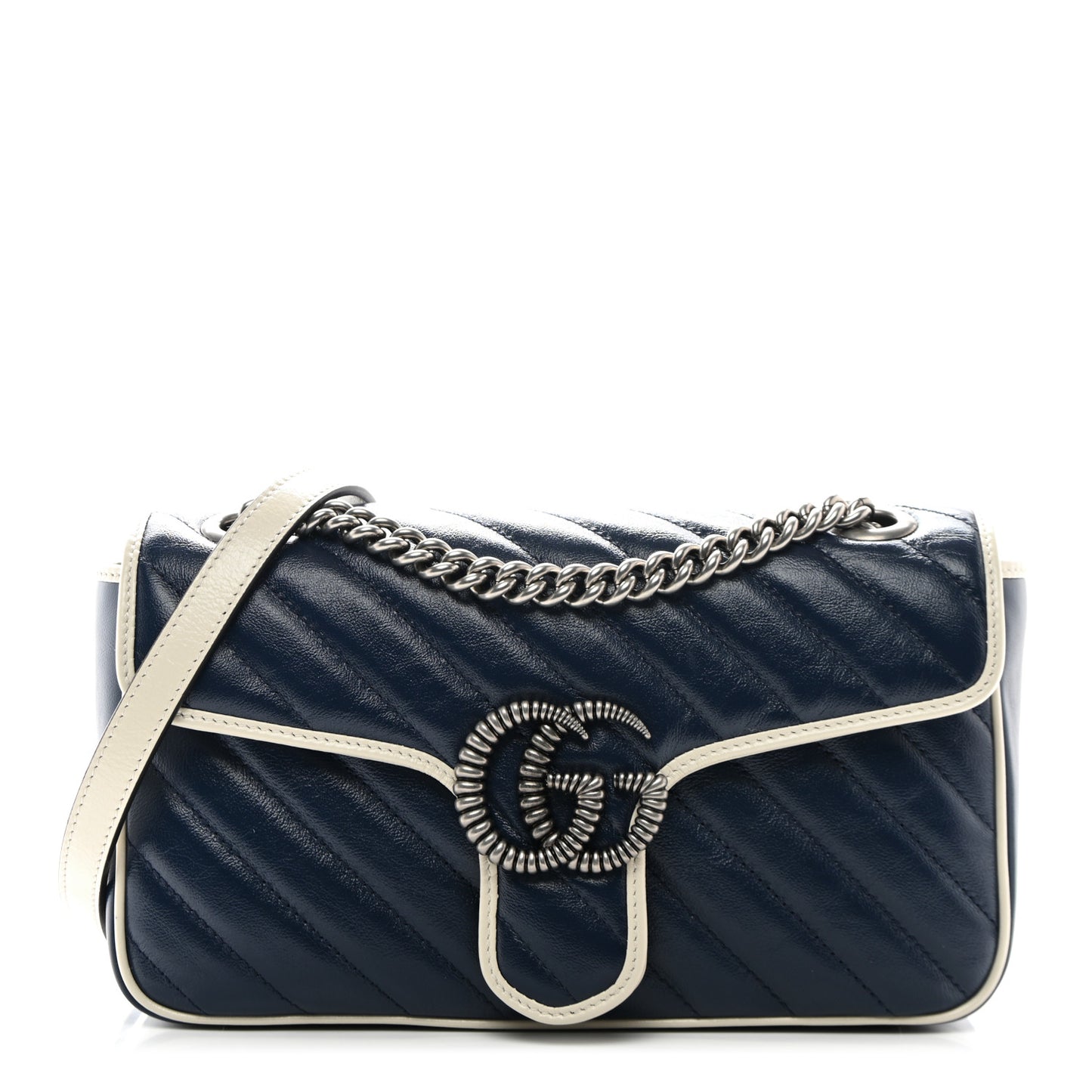 Vintage Effect Calfskin Matelasse Diagonal Small Torchon GG Marmont Shoulder Bag Blue Agata Mystic White