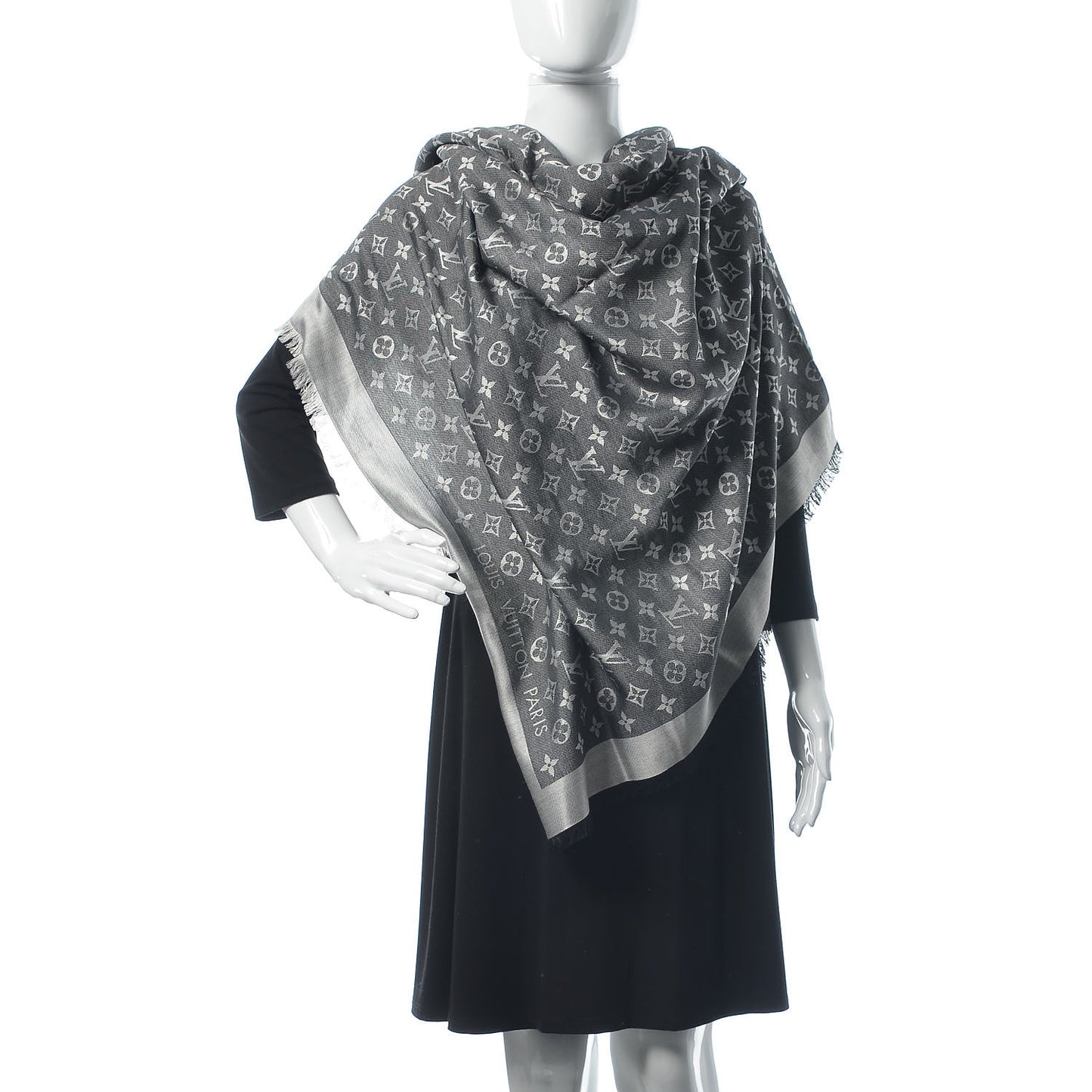 Wool Silk Monogram Denim Shawl Black