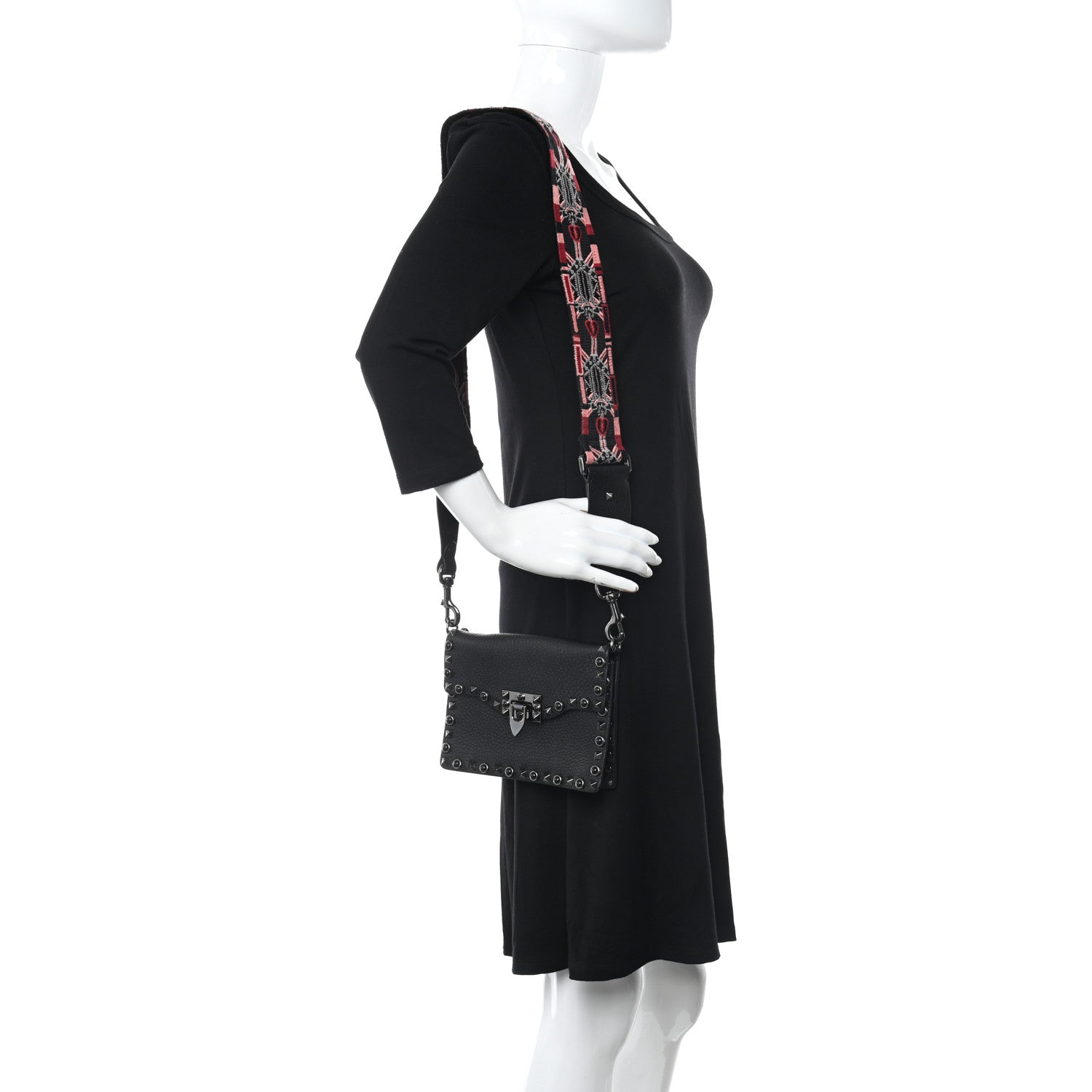 Valentino Garavani Calfskin Small Guitar Strap Rockstud Rolling Shoulder Flap Bag Black 2 of 10