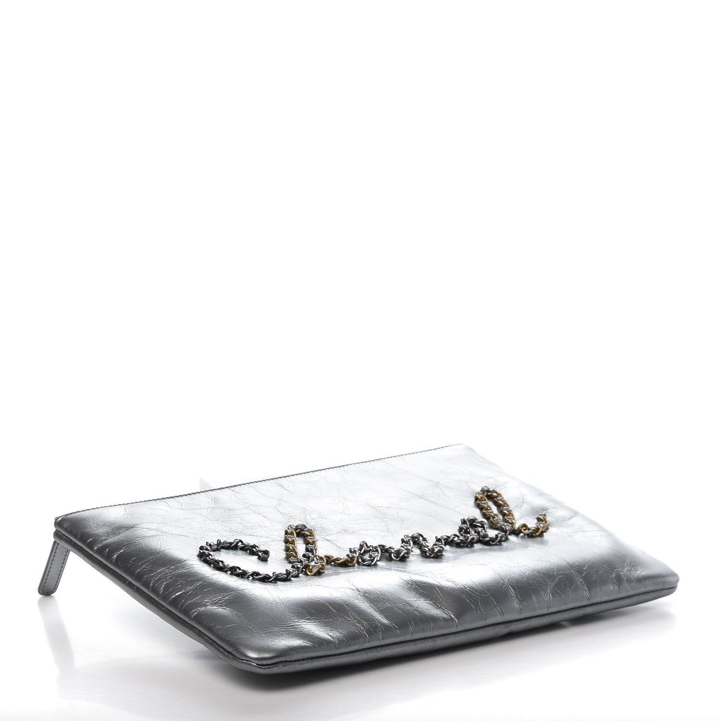 Metallic Crumpled Calfskin Chain 20s Signature Pouch Silver