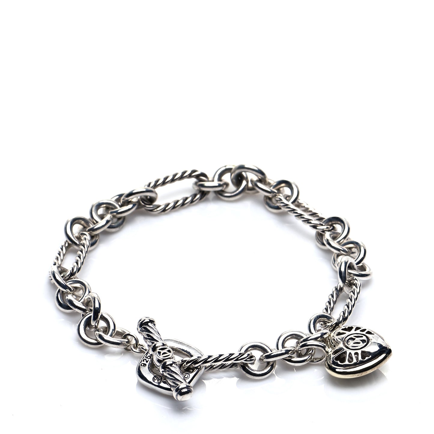 Sterling Silver 18K Yellow Gold Cable Heart Charm Bracelet