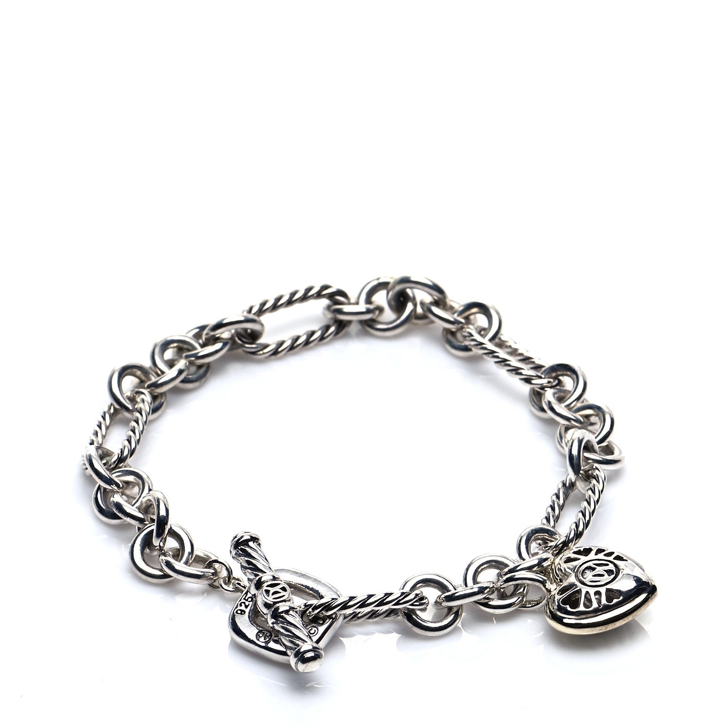 David Yurman Sterling Silver 18K Yellow Gold Cable Heart Charm Bracelet 3 of 5