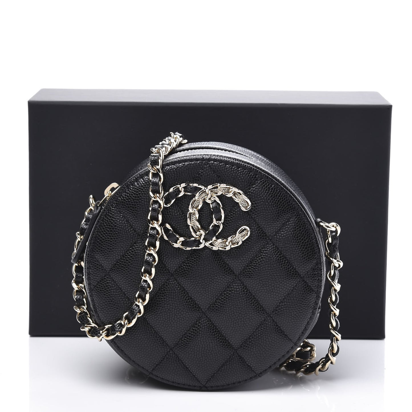 Caviar Quilted French New Wave Round Clutch With Chain Black