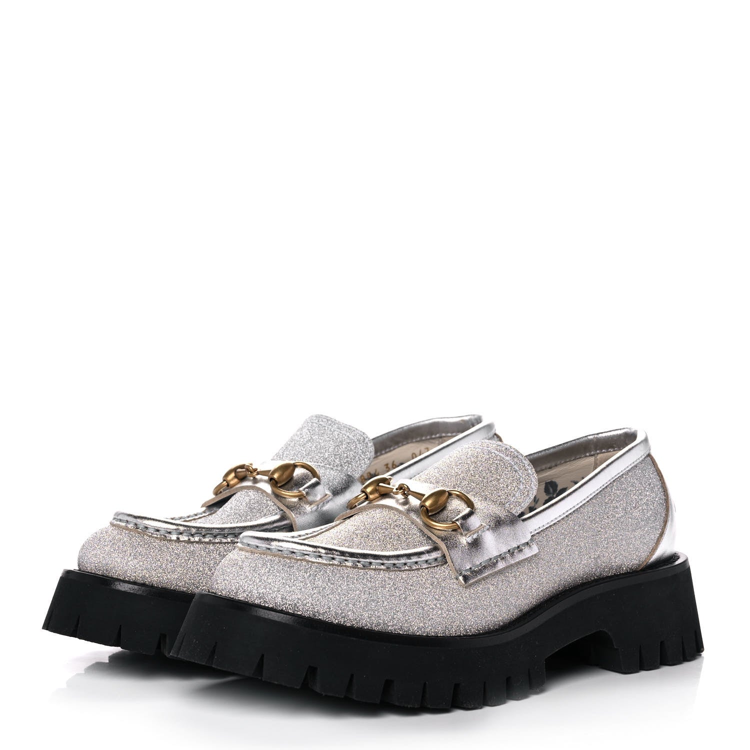 Gucci Mini Diamond Storm Silk Calfskin Womens Harald Horsebit 25mm Platform Loafers 36 Silver 3 of 11