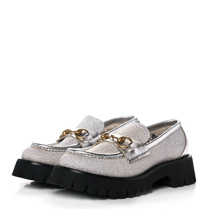 Gucci Mini Diamond Storm Silk Calfskin Womens Harald Horsebit 25mm Platform Loafers 36 Silver 3 of 11
