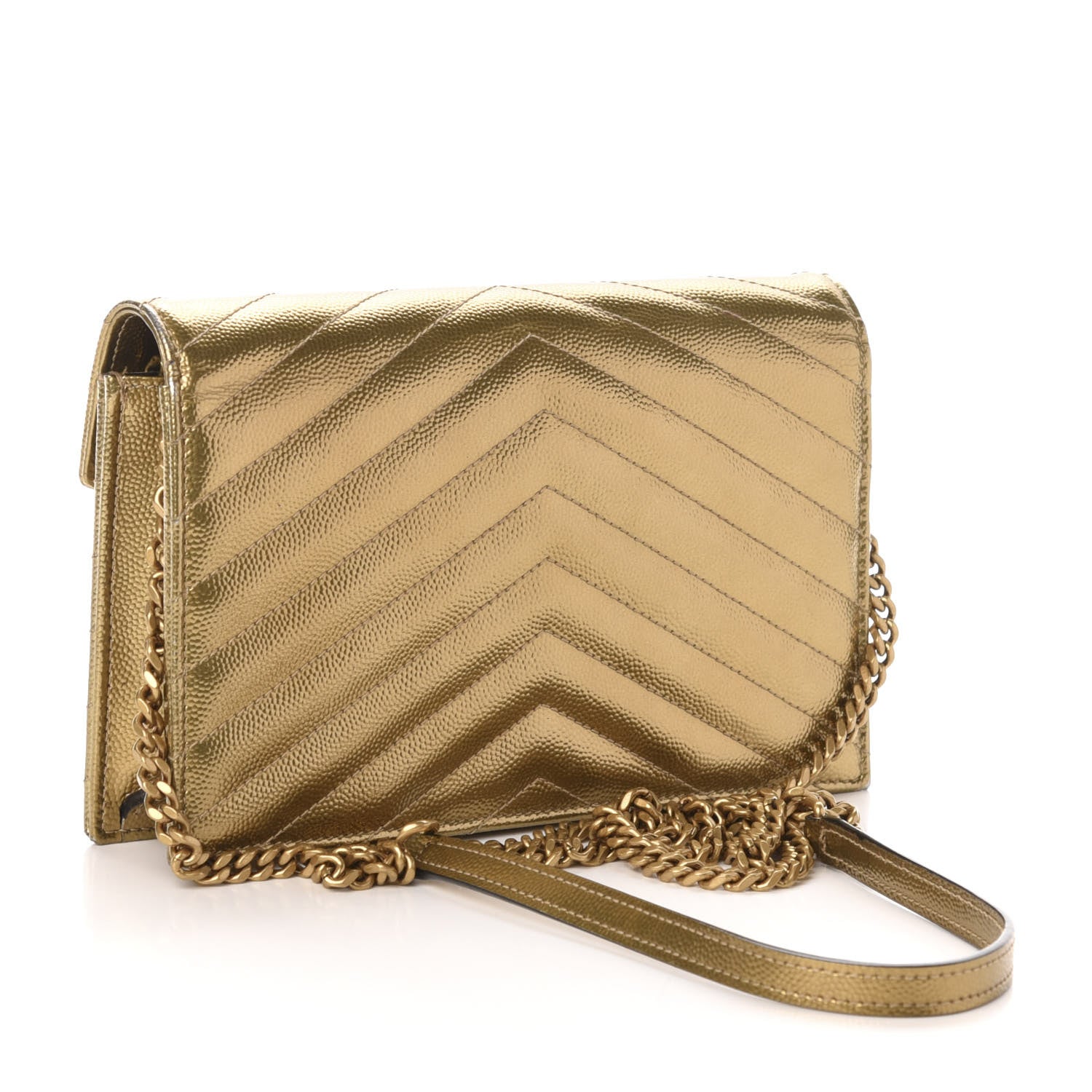Saint Laurent Metallic Calfskin Matelasse Chevron Monogram Envelope Chain Wallet Antic Gold 3 of 12