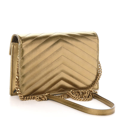 Saint Laurent Metallic Calfskin Matelasse Chevron Monogram Envelope Chain Wallet Antic Gold 3 of 12