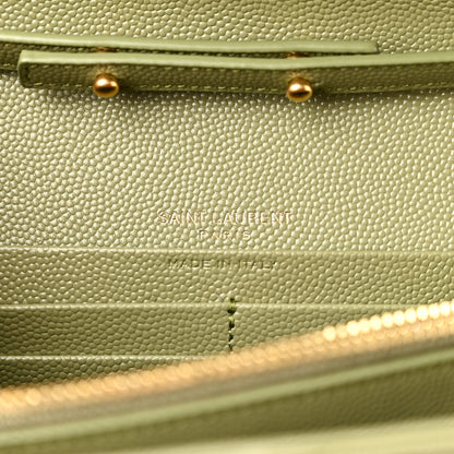 Saint Laurent Grain De Poudre Matelasse Chevron Monogram Chain Wallet Light Sage 6 of 10