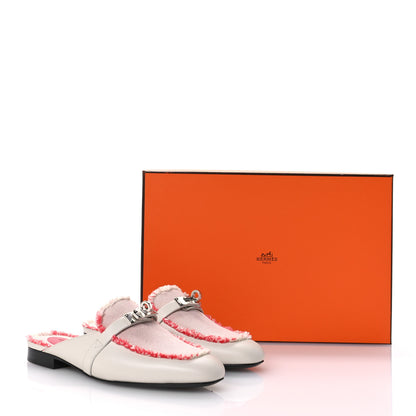 Hermes Calfskin Fringed H Canvas Oz Mules 35 Beige Glaise Framboise 9 of 9