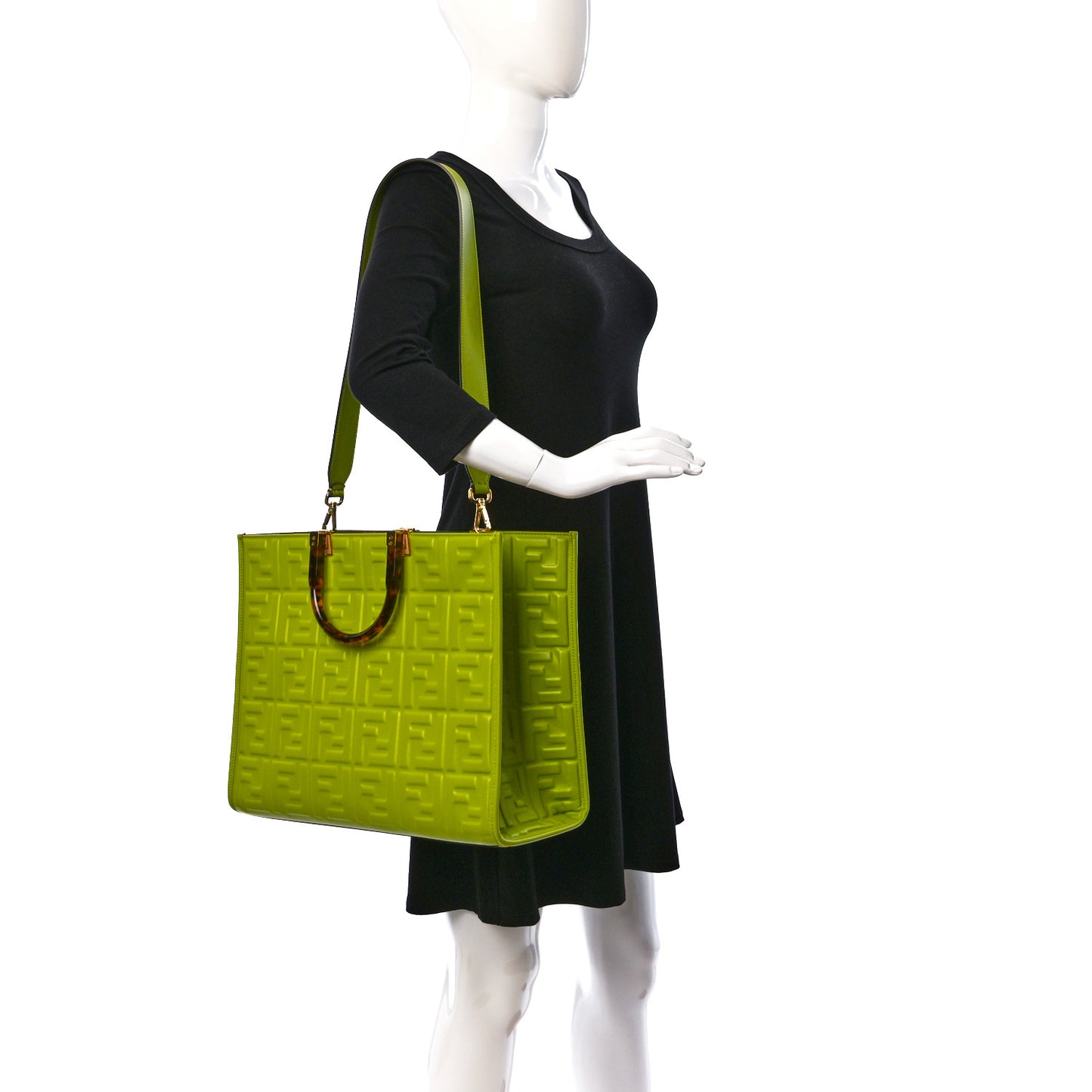 Vitello Plexiglass FF Embossed Medium Fendi Sunshine Shopper Tote Wasabi