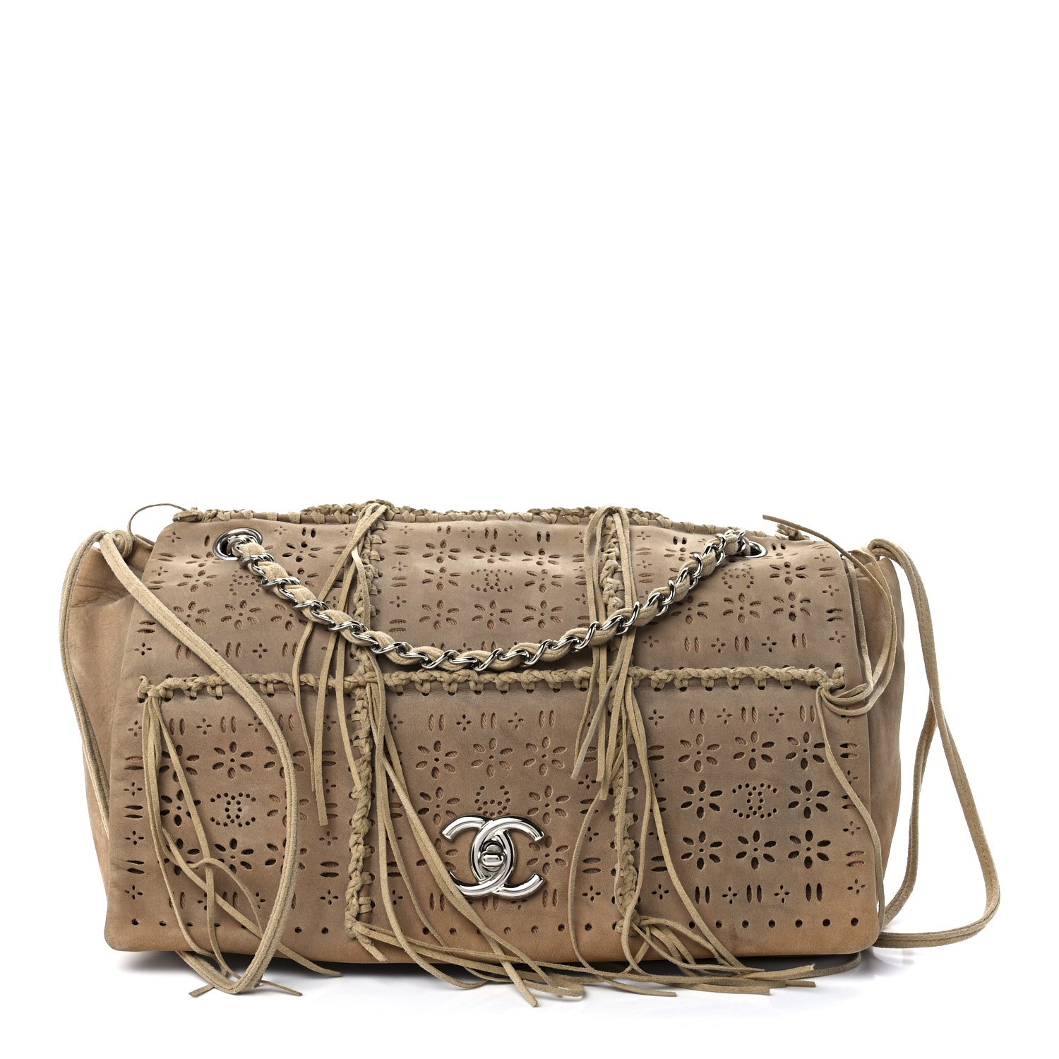 Chanel Suede Calfskin Perforated Fringe Flap Dark Beige 1 of 12