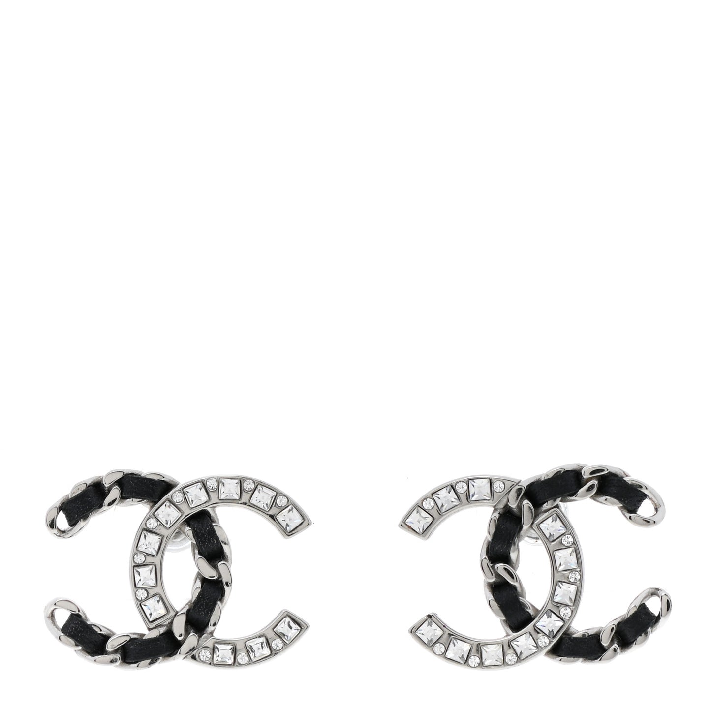 Crystal Baguette Lambskin Large CC Earrings Silver Black