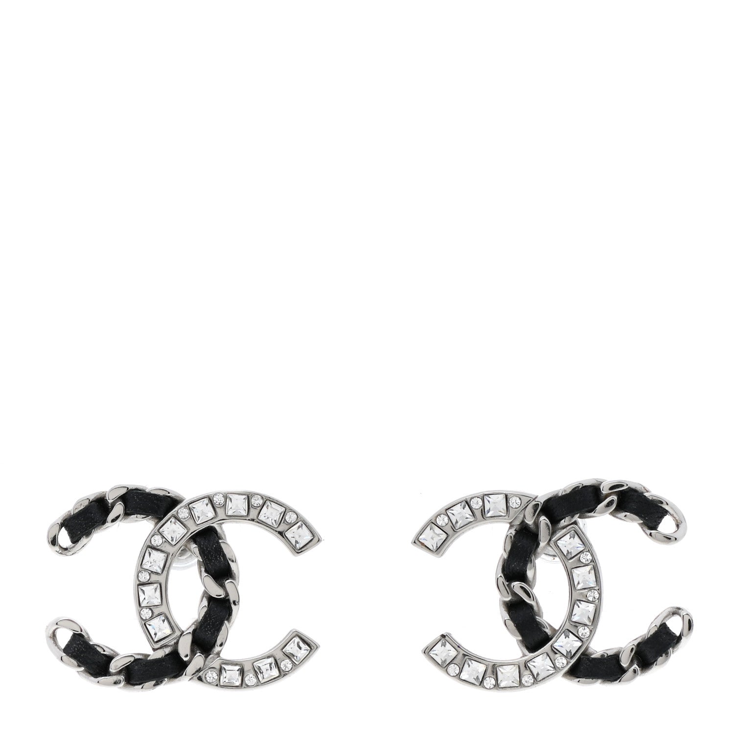 Chanel Crystal Baguette Lambskin Large CC Earrings Silver Black 1 of 5