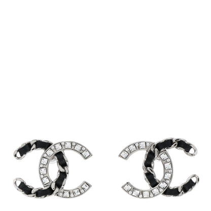 Chanel Crystal Baguette Lambskin Large CC Earrings Silver Black 1 of 5