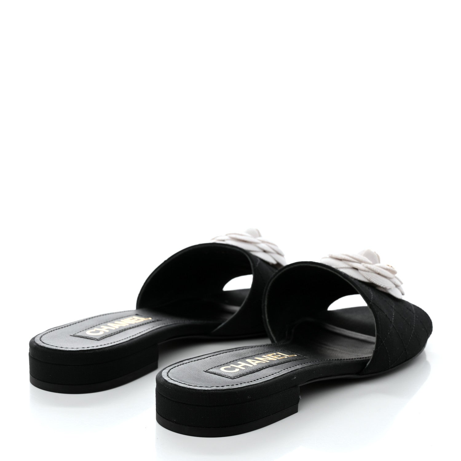Chanel Grosgrain Quilted Camellia CC Slides 37.5 Black White 4 of 9