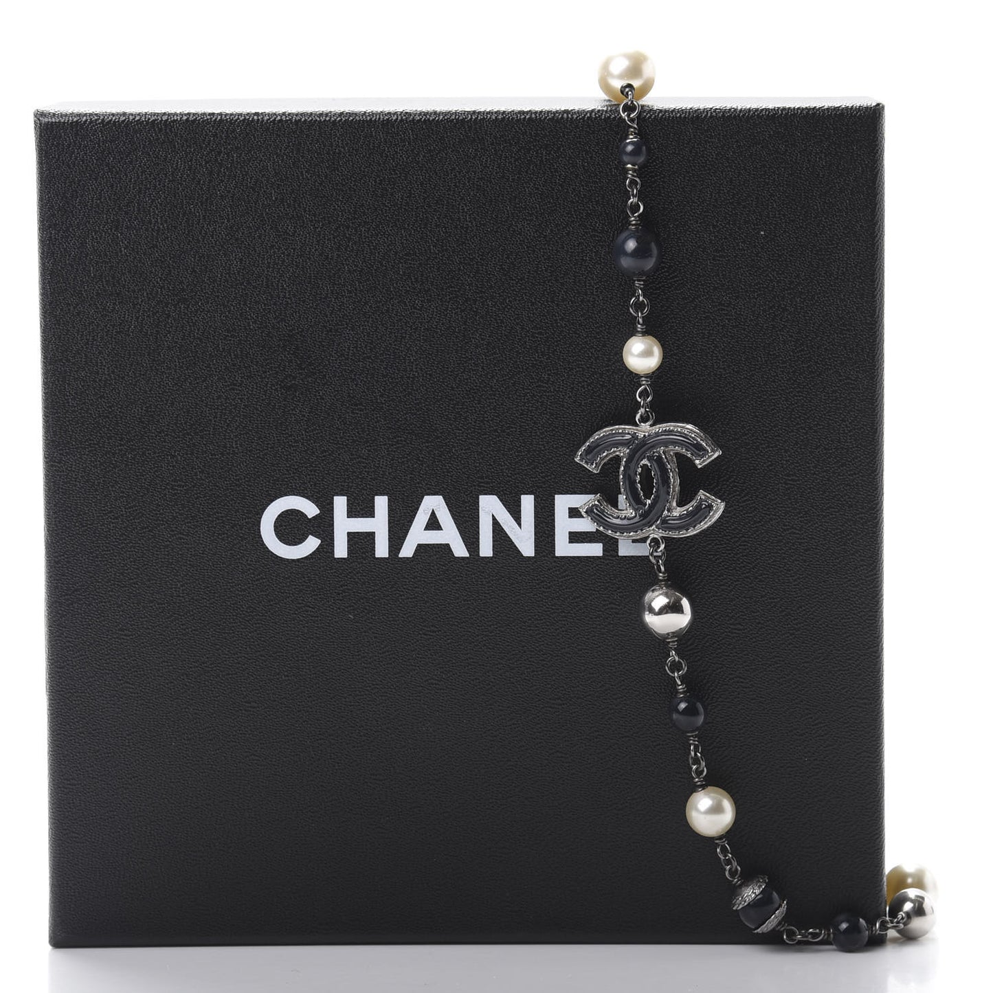 Pearl Beaded Enamel CC Long Necklace Silver