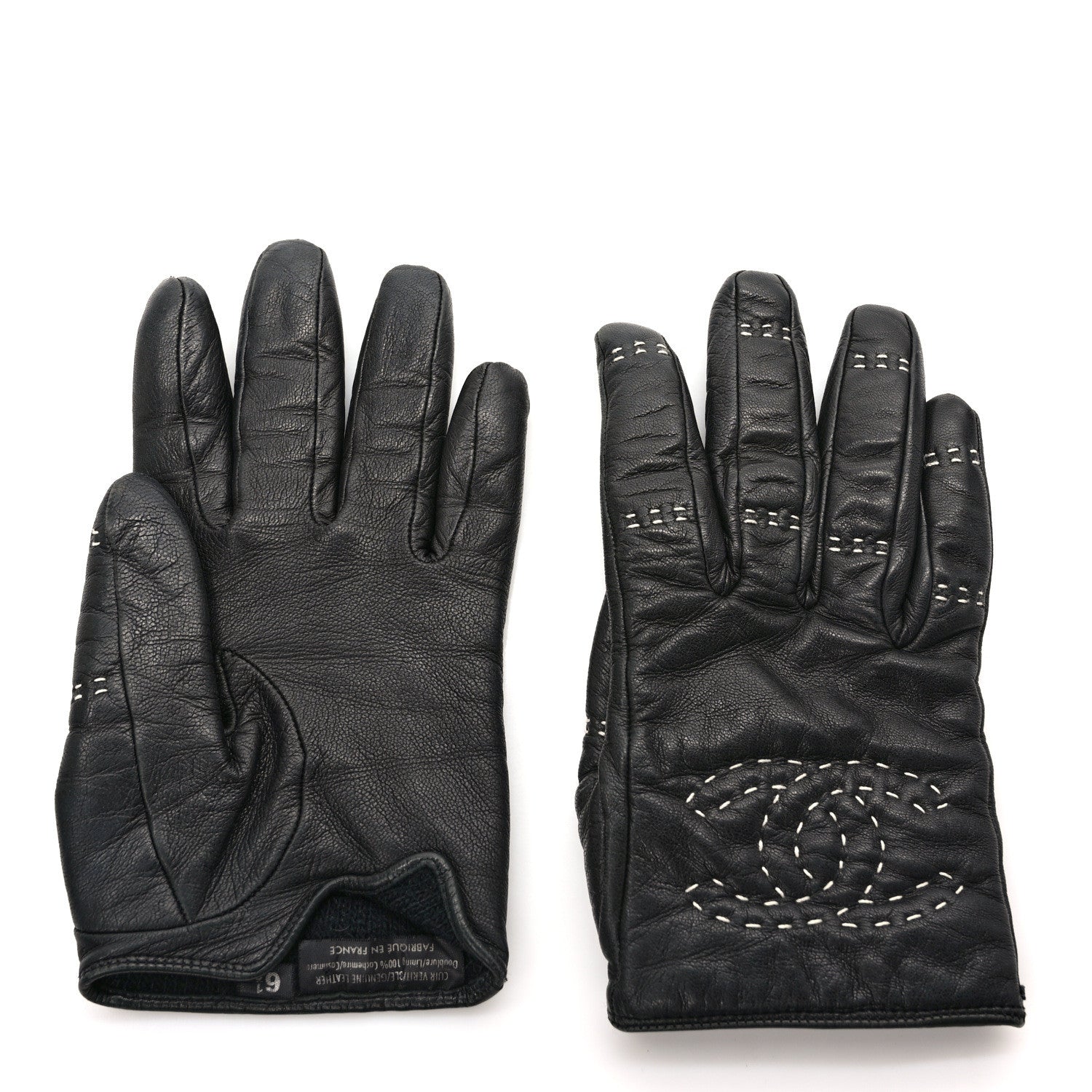 Chanel Lambskin Quilted Stitch CC Gloves 6.5 Black 2 of 6