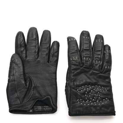 Chanel Lambskin Quilted Stitch CC Gloves 6.5 Black 2 of 6