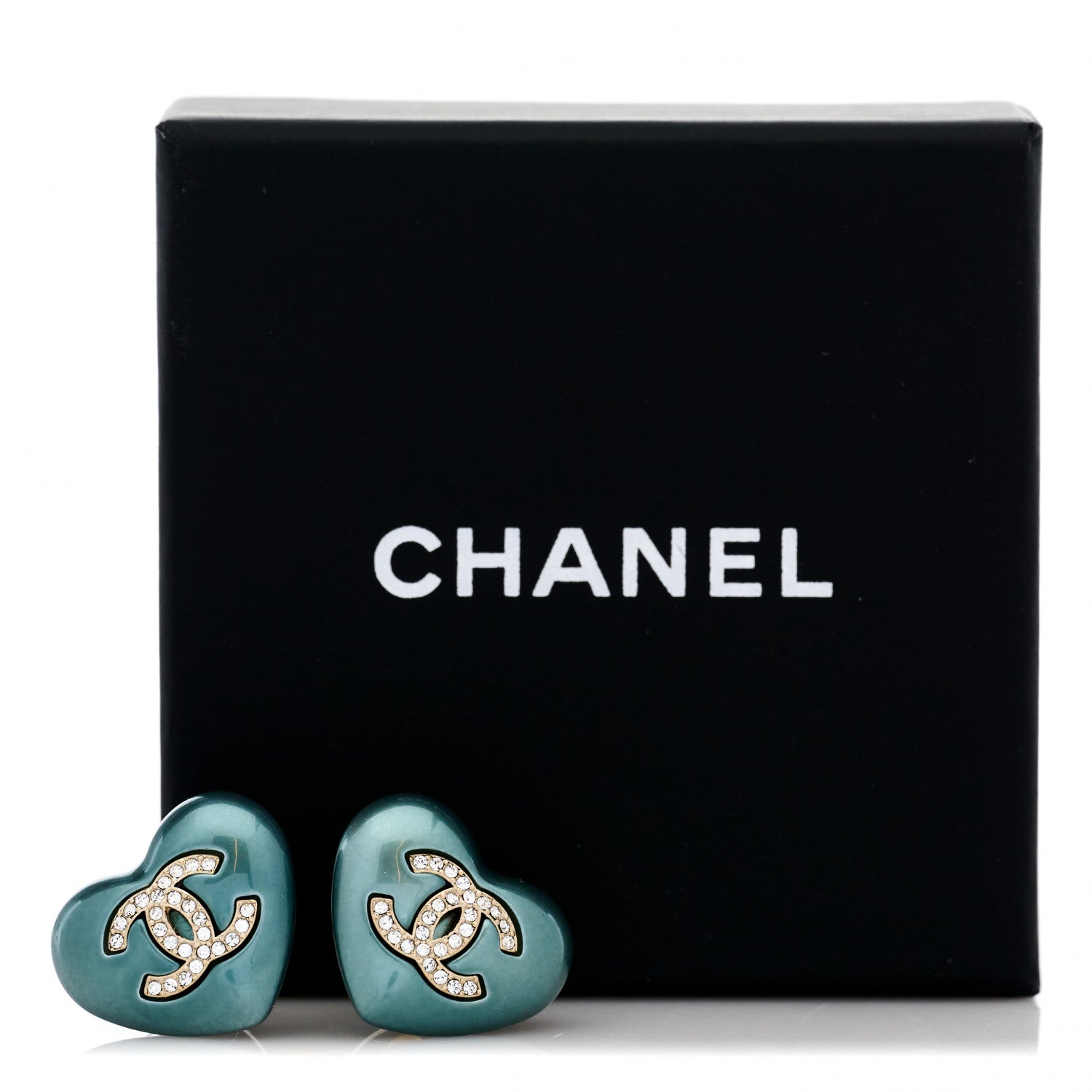 Chanel Pearl Crystal CC Heart Earrings Blue Gold 5 of 5