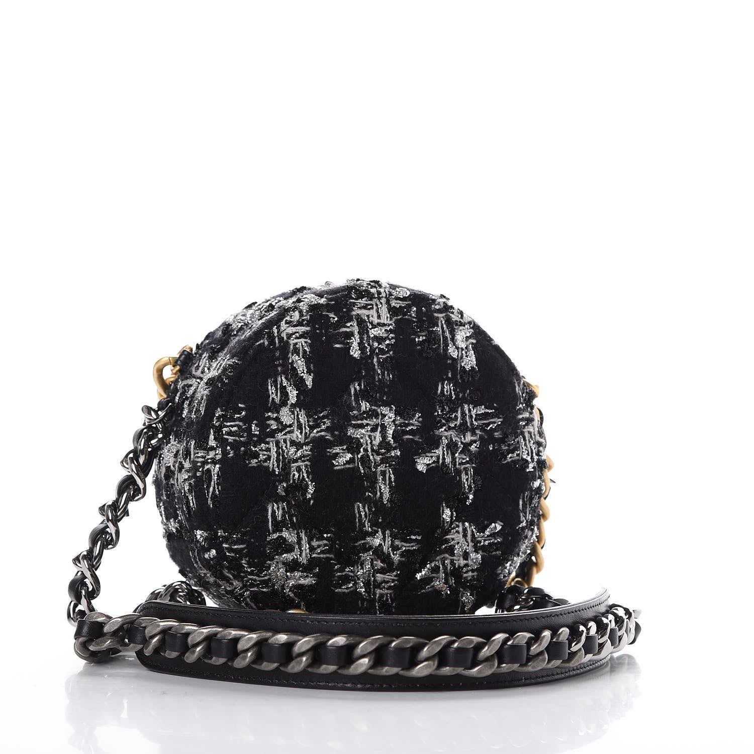 Chanel Tweed Quilted 19 Round Clutch With Chain Black White 2 of 9