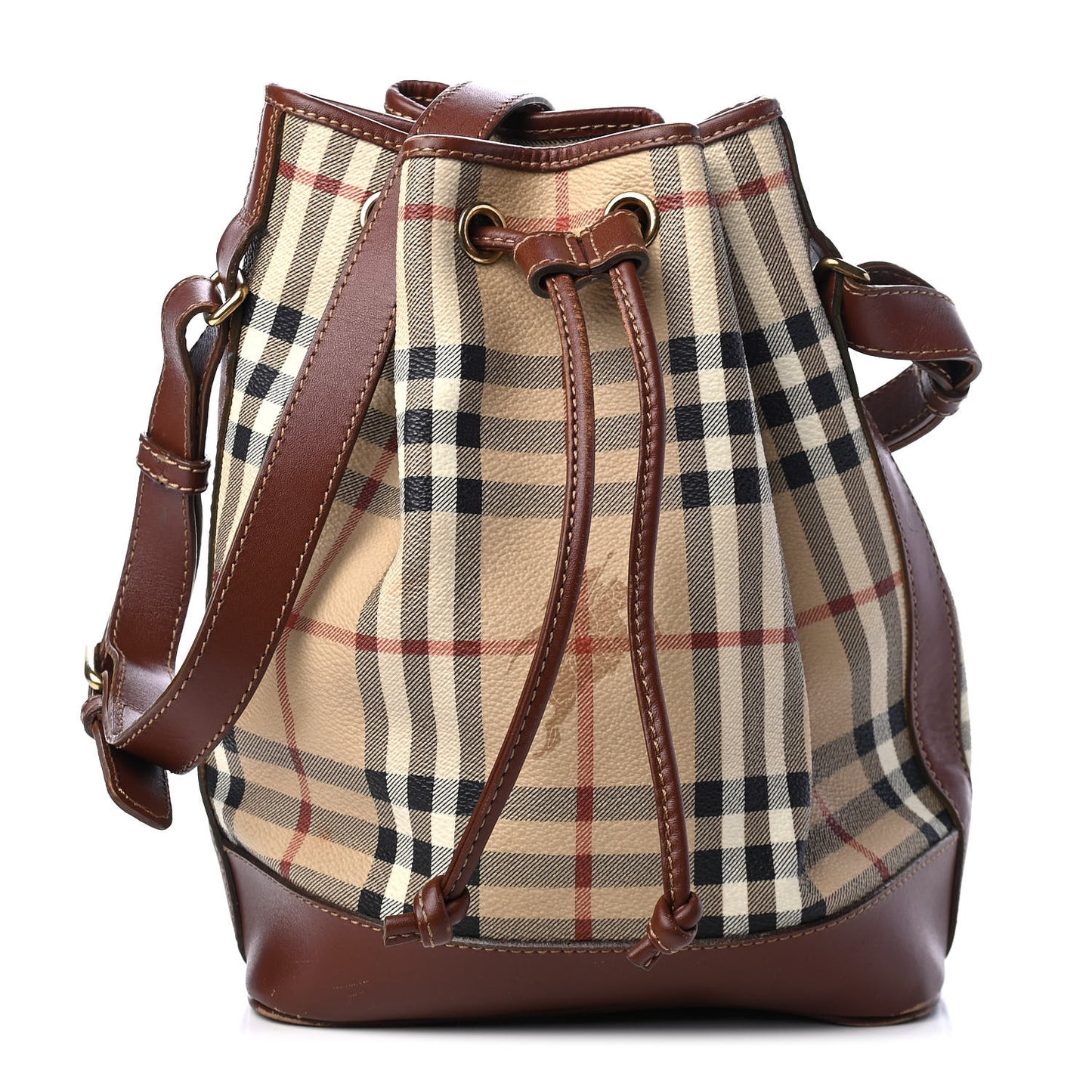 Haymarket Check Drawstring Bucket Bag Brown