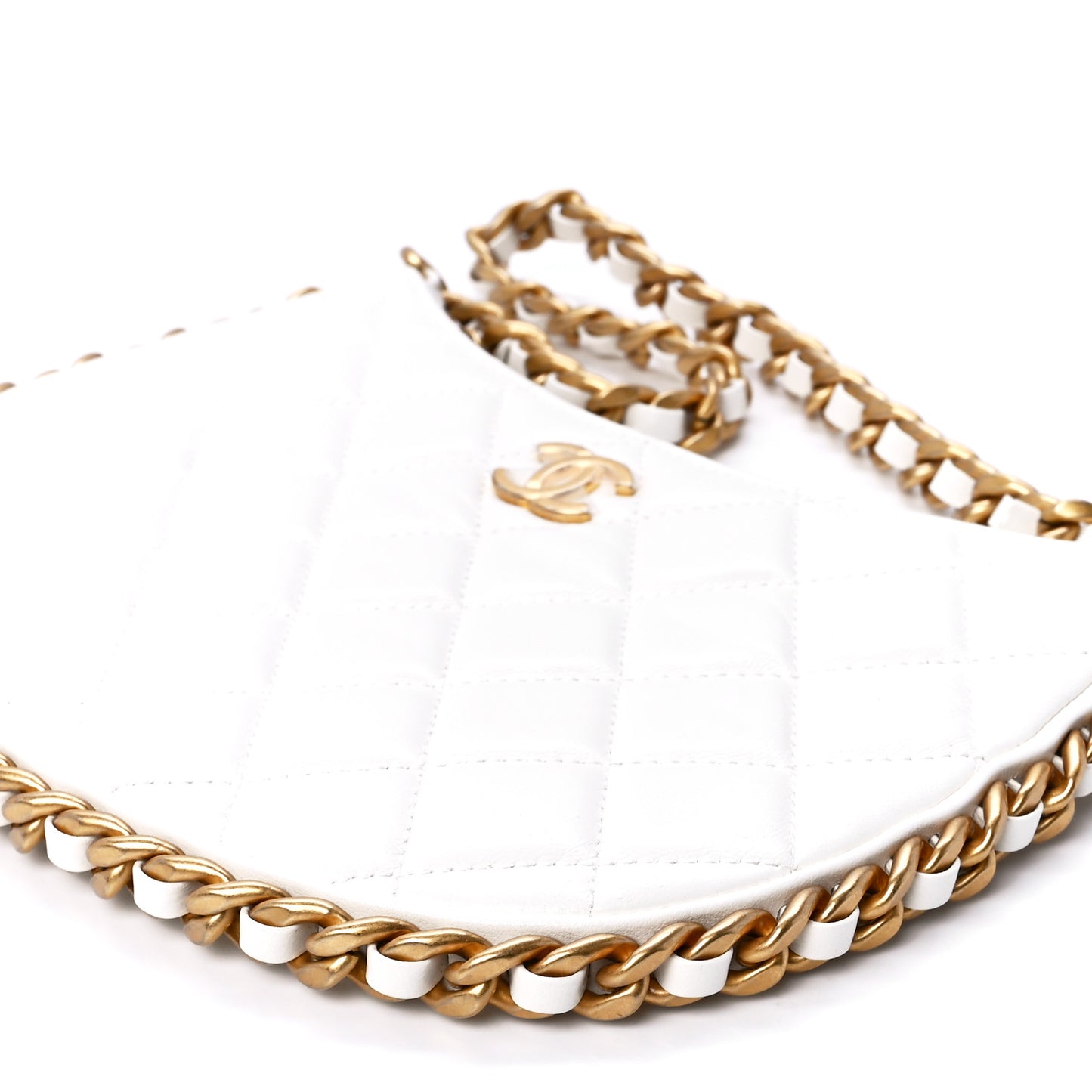 Shiny Crumpled Lambskin Quilted Trendy Chain Around Hobo White