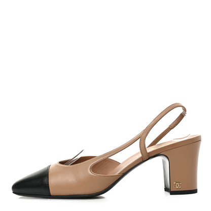 Chanel Goatskin Grosgrain Cap Toe CC Slingback Pumps 41.5 Dark Beige Black 1 of 8
