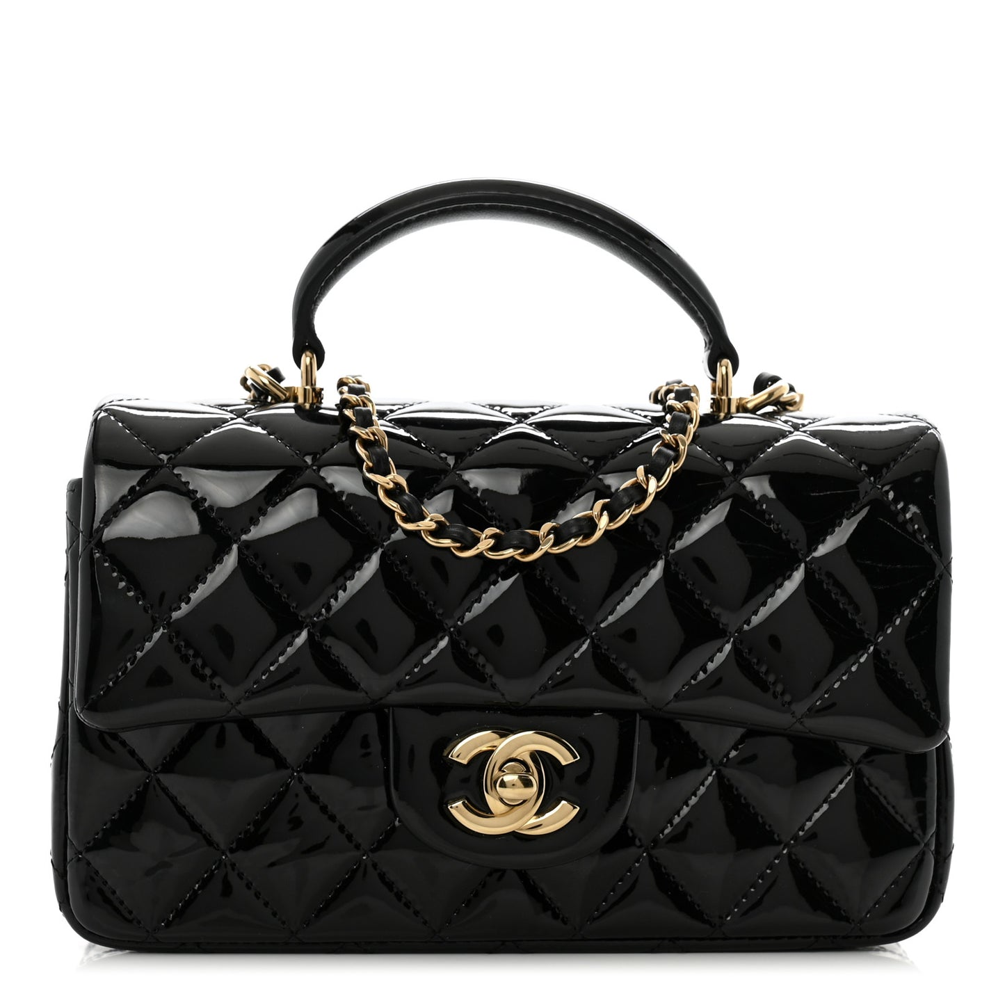 Patent Quilted Mini Top Handle Rectangular Flap Black