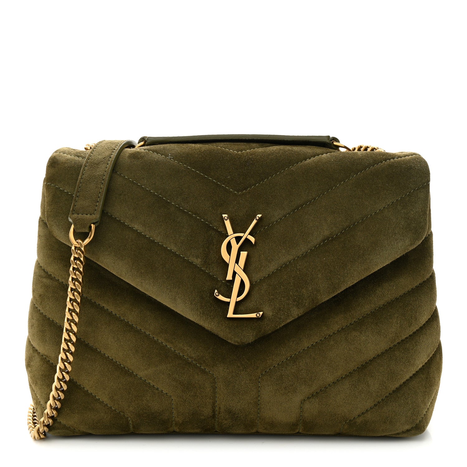 Saint Laurent Suede Calfskin Y Quilted Monogram Small Loulou Chain Satchel Loden Green 1 of 13