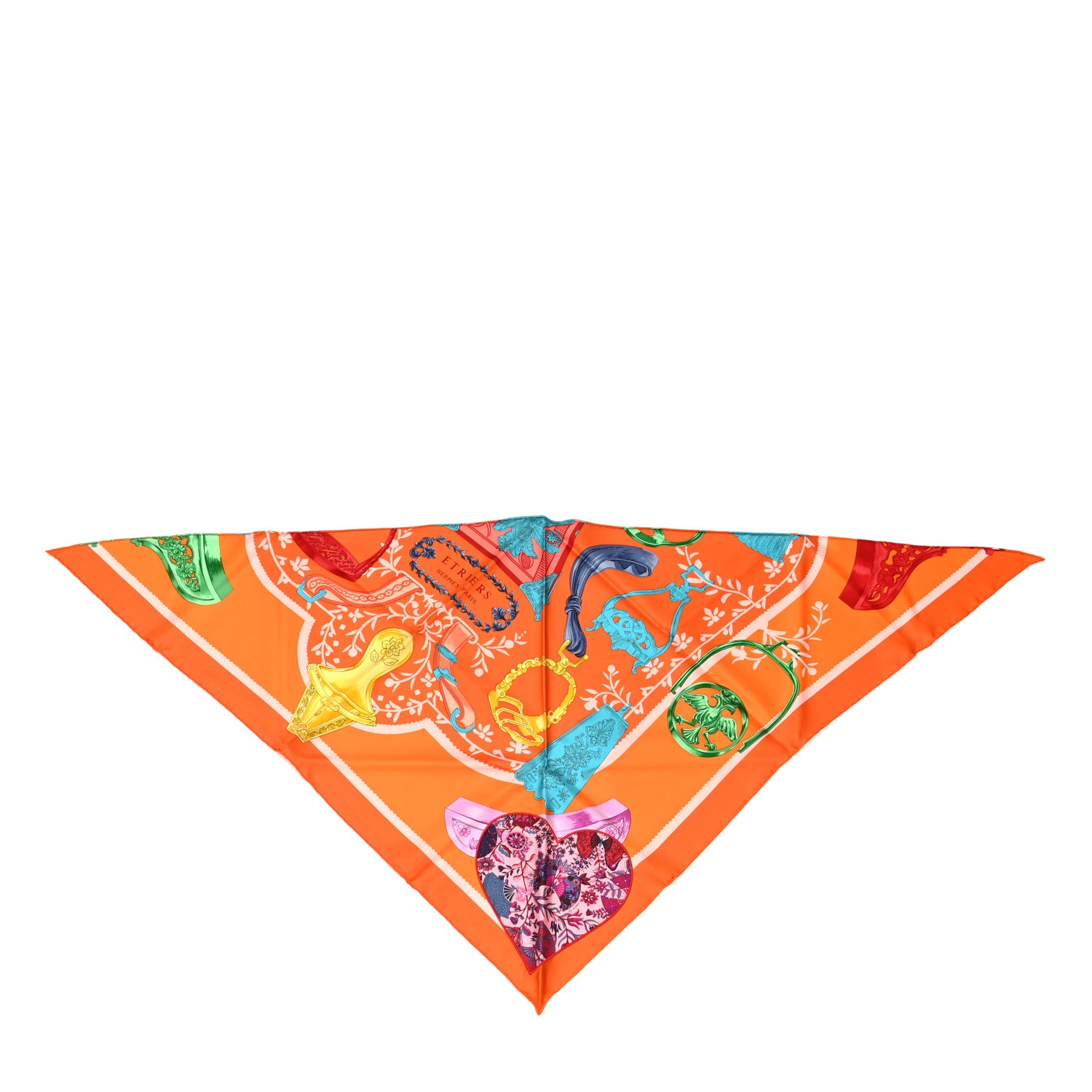 Hermes Silk Etriers Remix Application Coeur Triangle Scarf Orange Turquoise 1 of 4
