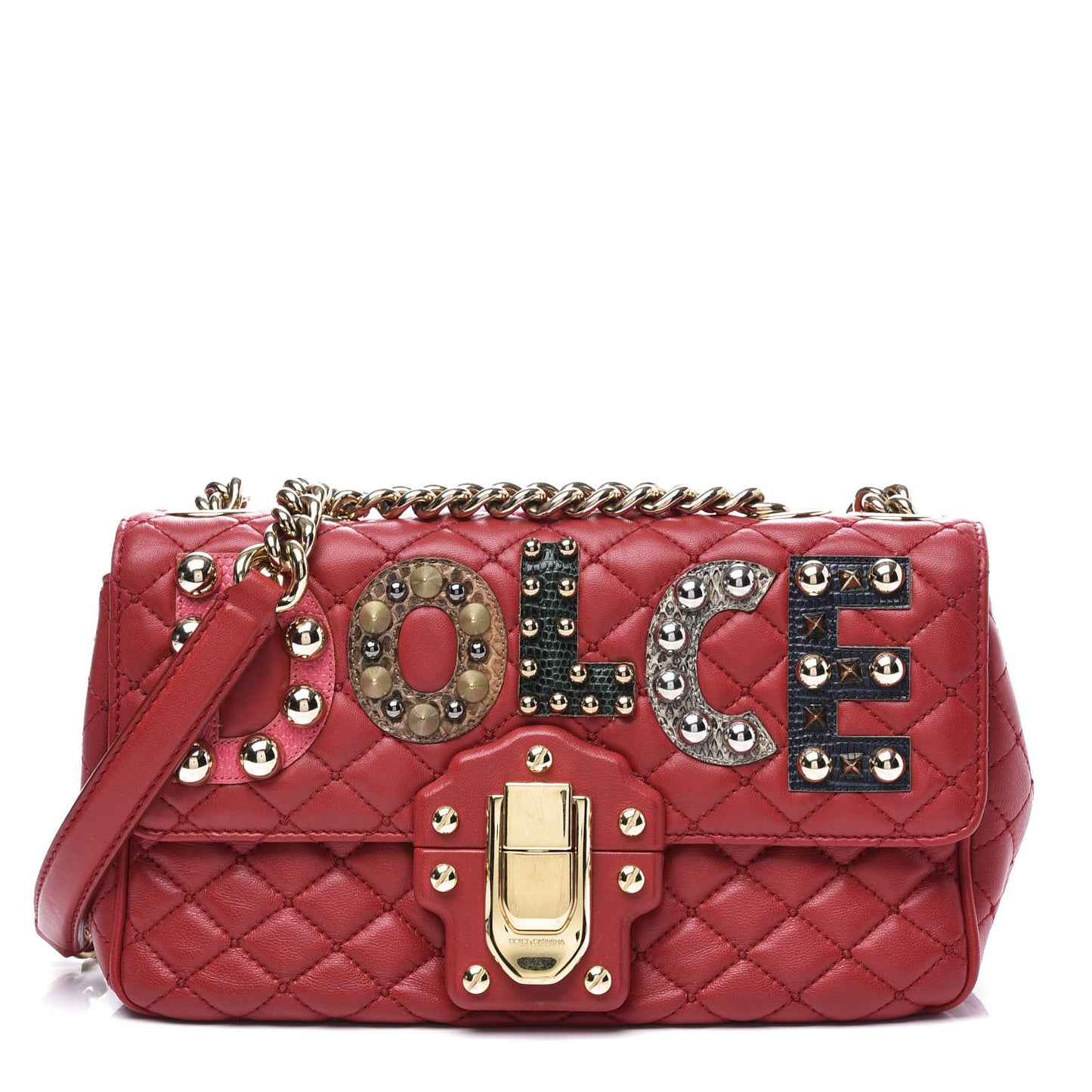 Lambskin Watersnake Embellished Lucia Shoulder Bag Red