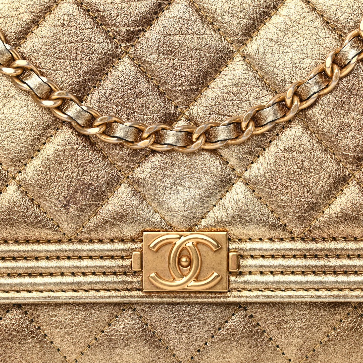 Distressed Calfskin Quilted Boy Wallet On Chain WOC Gold