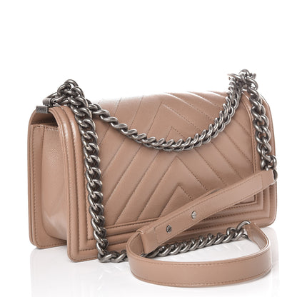 Chanel Caviar Chevron Quilted Medium Boy Flap Dark Beige 3 of 12