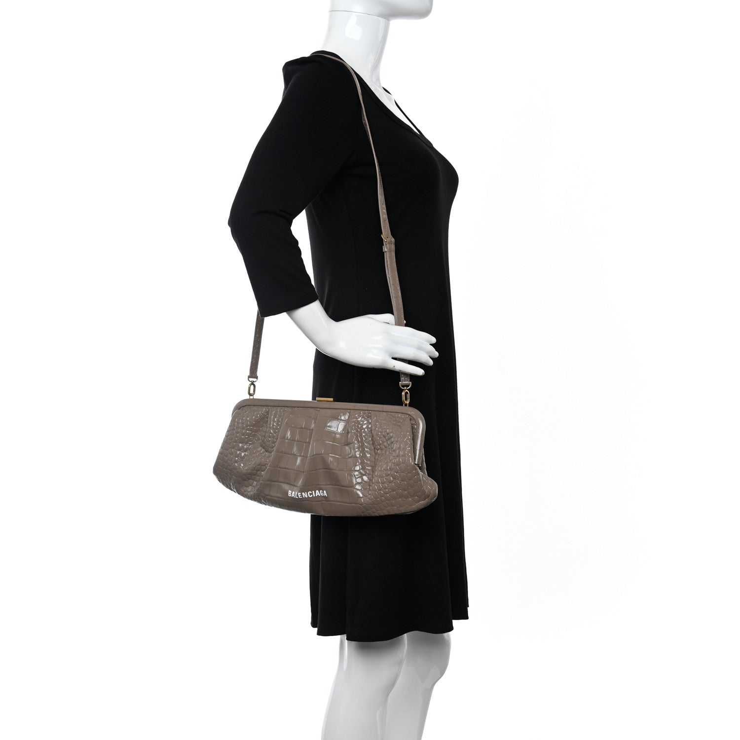 Balenciaga Shiny Supple Calfskin Logo Crocodile Embossed XL Cloud Clutch Mink Grey White 2 of 9