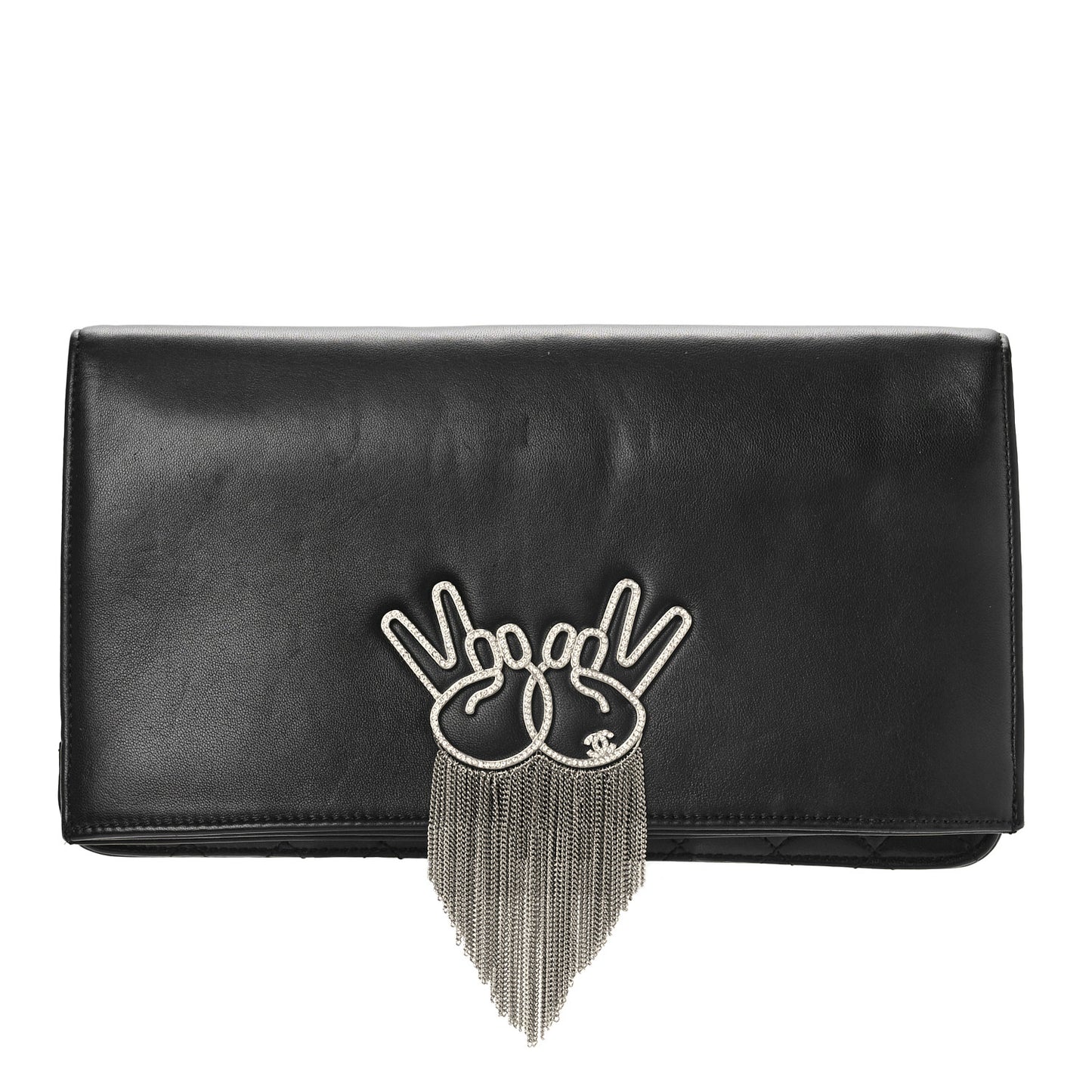 Lambskin Strass Crystal Peace Sign Emoji Fold Over Clutch Black