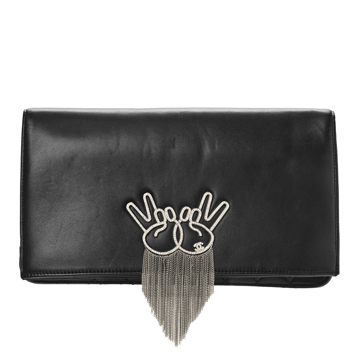 Chanel Lambskin Strass Crystal Peace Sign Emoji Fold Over Clutch Black 1 of 10