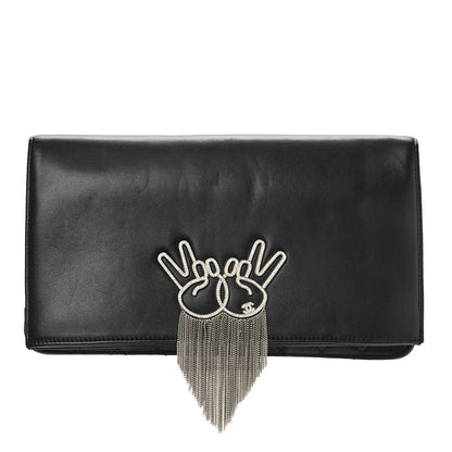 Chanel Lambskin Strass Crystal Peace Sign Emoji Fold Over Clutch Black 1 of 10