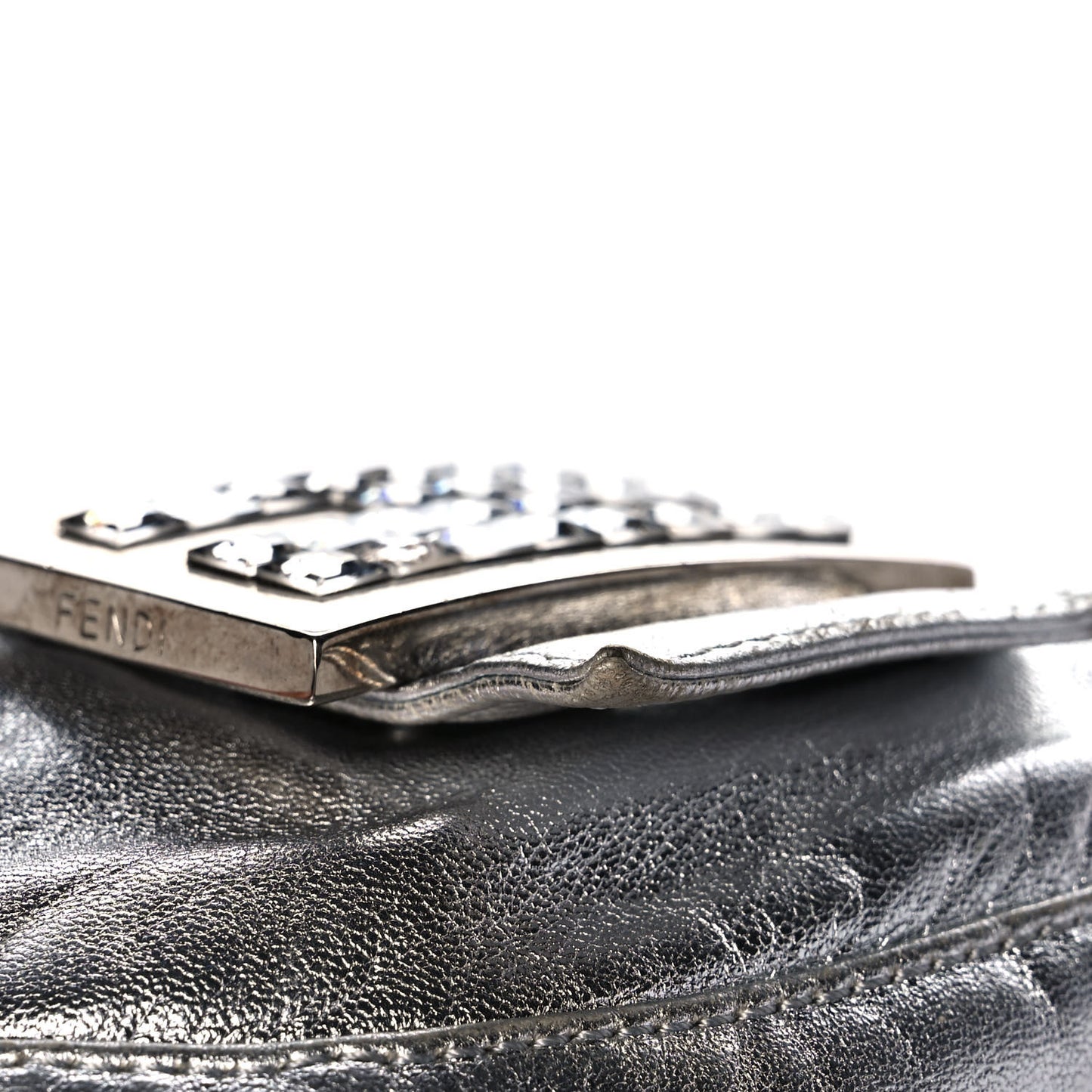 Metallic Calfskin Crystal Mini Half Moon Baguette Silver